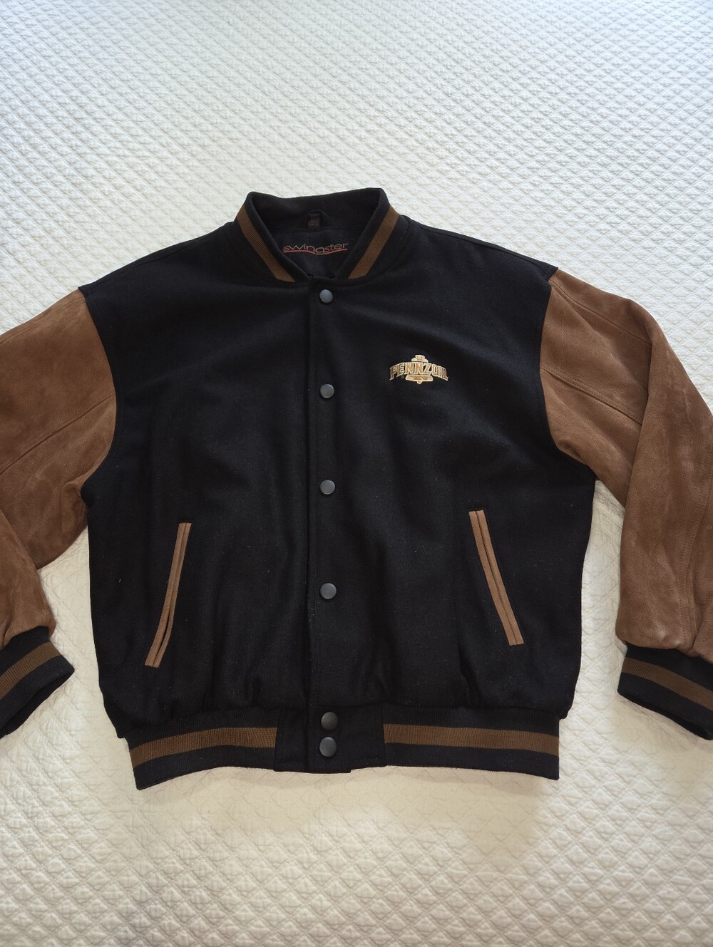 Swingster Penzoil Bomber Jacket Size Men's Large Black & Brown Suede Racing F1